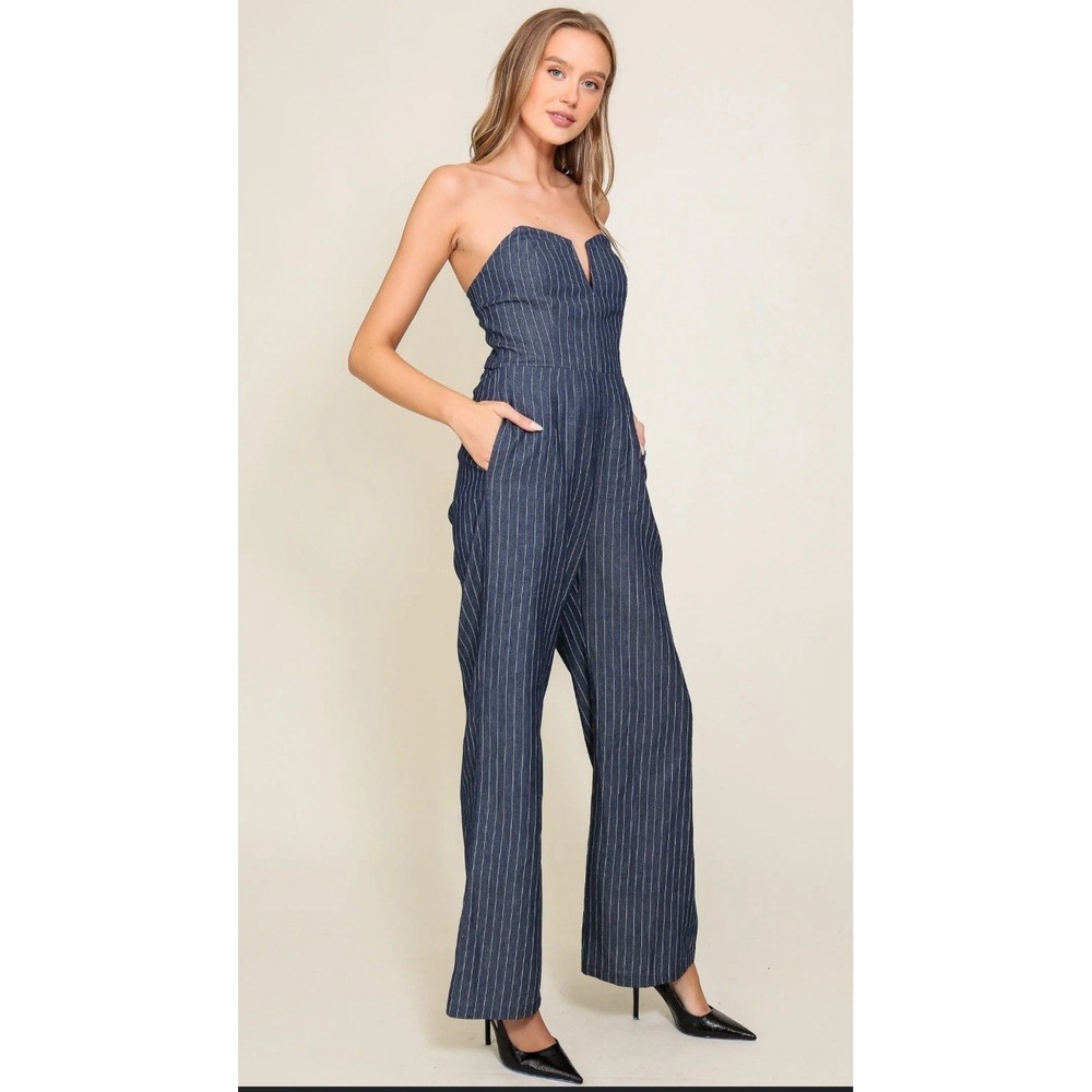 Vici Womens Chambray Pinstripe‎ Strapless Jumpsuit Wide Leg 100% Cotton Size M